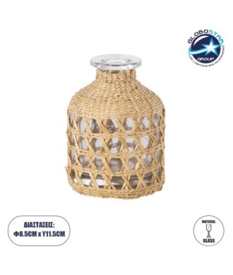 GloboStar® MANDY 35629 Διακοσμητικό Βάζο Γυάλινο Διάφανο με Μπαμπού Φ8.5 x Υ11.5cm